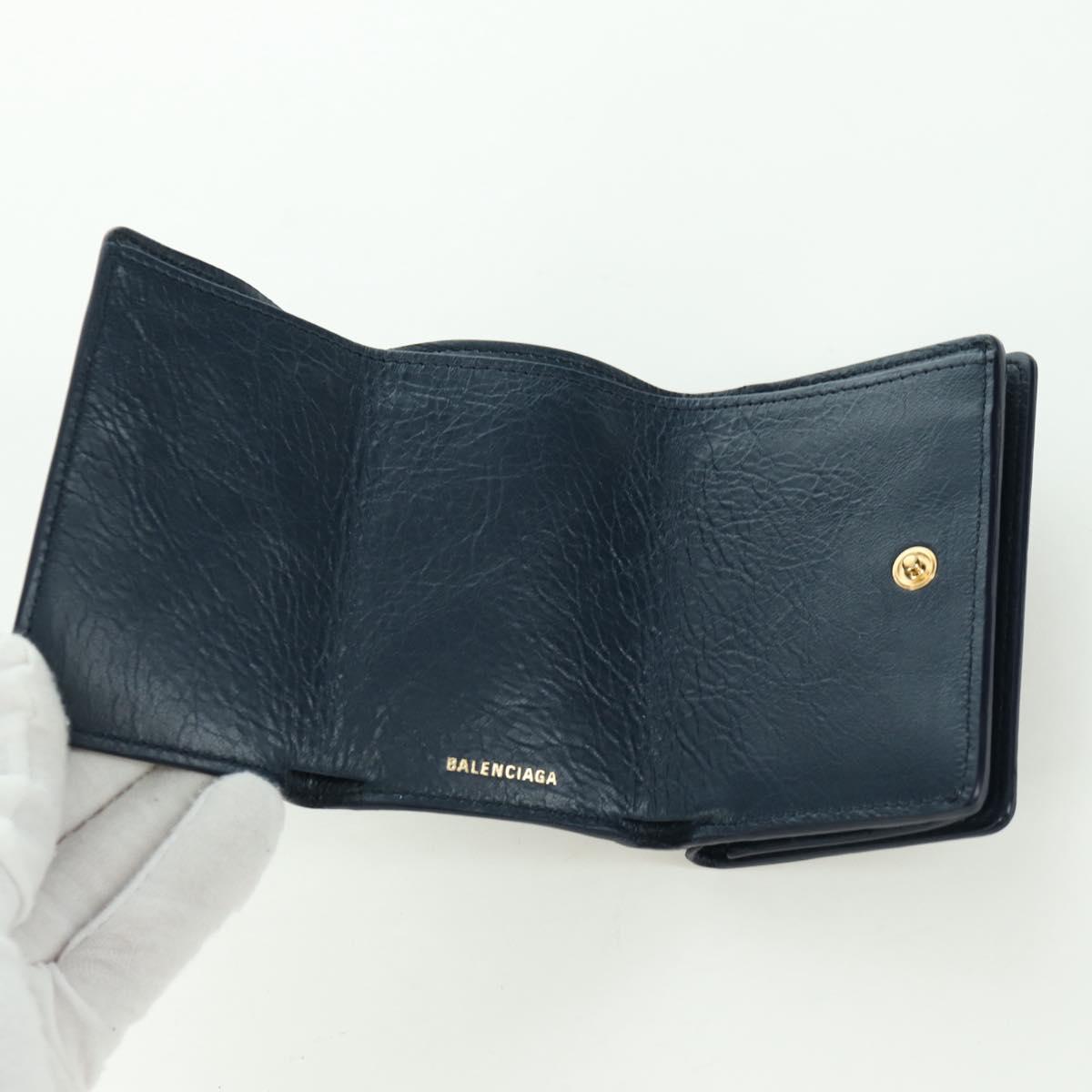 BALENCIAGA Classic Mini Trifold Wallet Lamb Skin Navy Gold 477455 Auth SW2303M