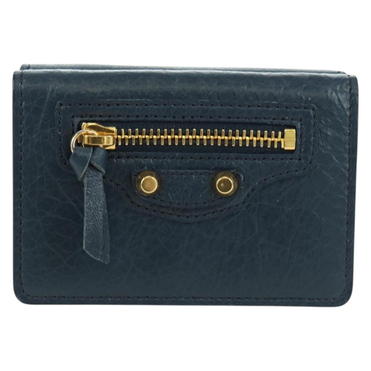 BALENCIAGA Classic Mini Trifold Wallet Lamb Skin Navy Gold 477455 Auth SW2303M
