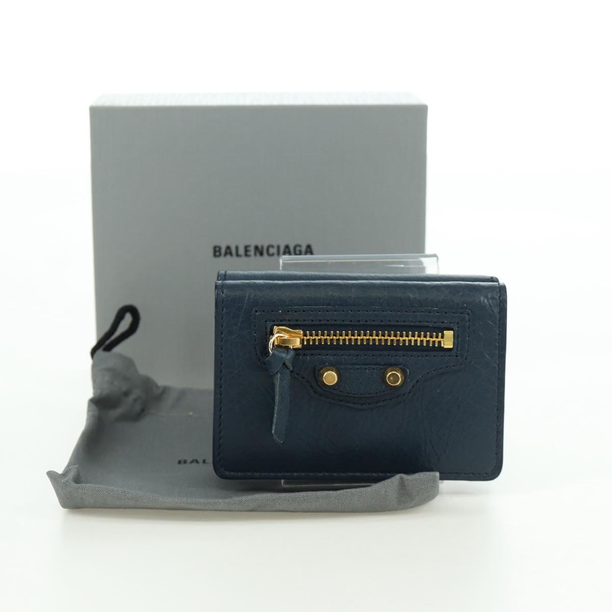 BALENCIAGA Classic Mini Trifold Wallet Lamb Skin Navy Gold 477455 Auth SW2303M