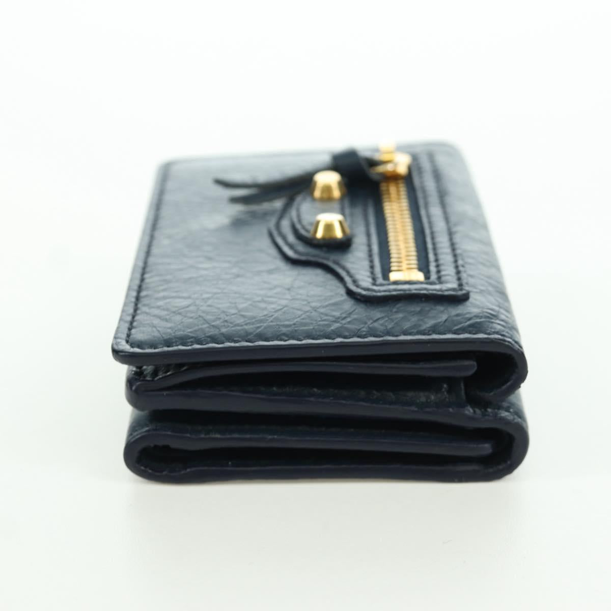 BALENCIAGA Classic Mini Trifold Wallet Lamb Skin Navy Gold 477455 Auth SW2303M