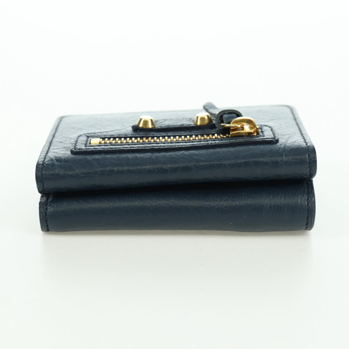BALENCIAGA Classic Mini Trifold Wallet Lamb Skin Navy Gold 477455 Auth SW2303M