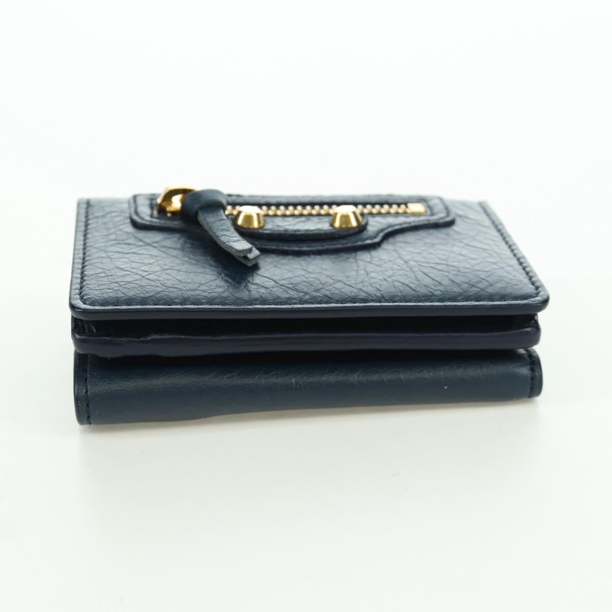BALENCIAGA Classic Mini Trifold Wallet Lamb Skin Navy Gold 477455 Auth SW2303M