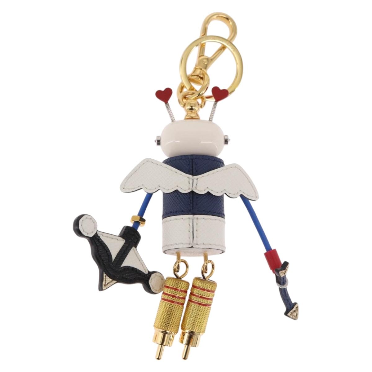 PRADA Robot Key Holder Metal Leather White Navy 2TR034 Auth SW2350V