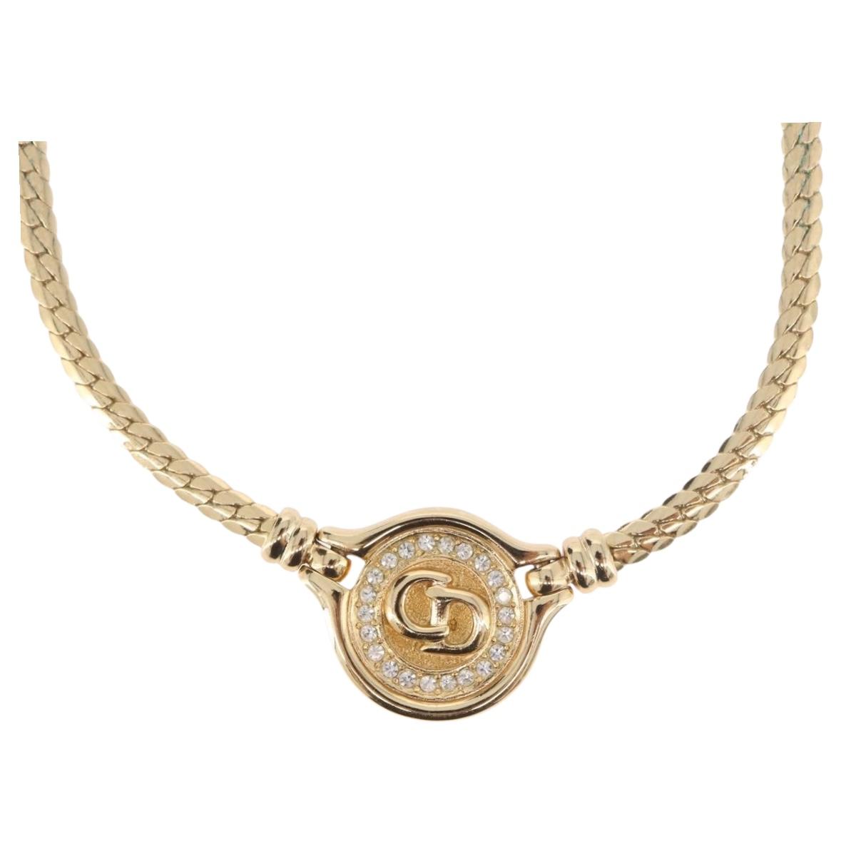 Christian Dior Rhinestone Necklace metal Gold Auth SW2398V