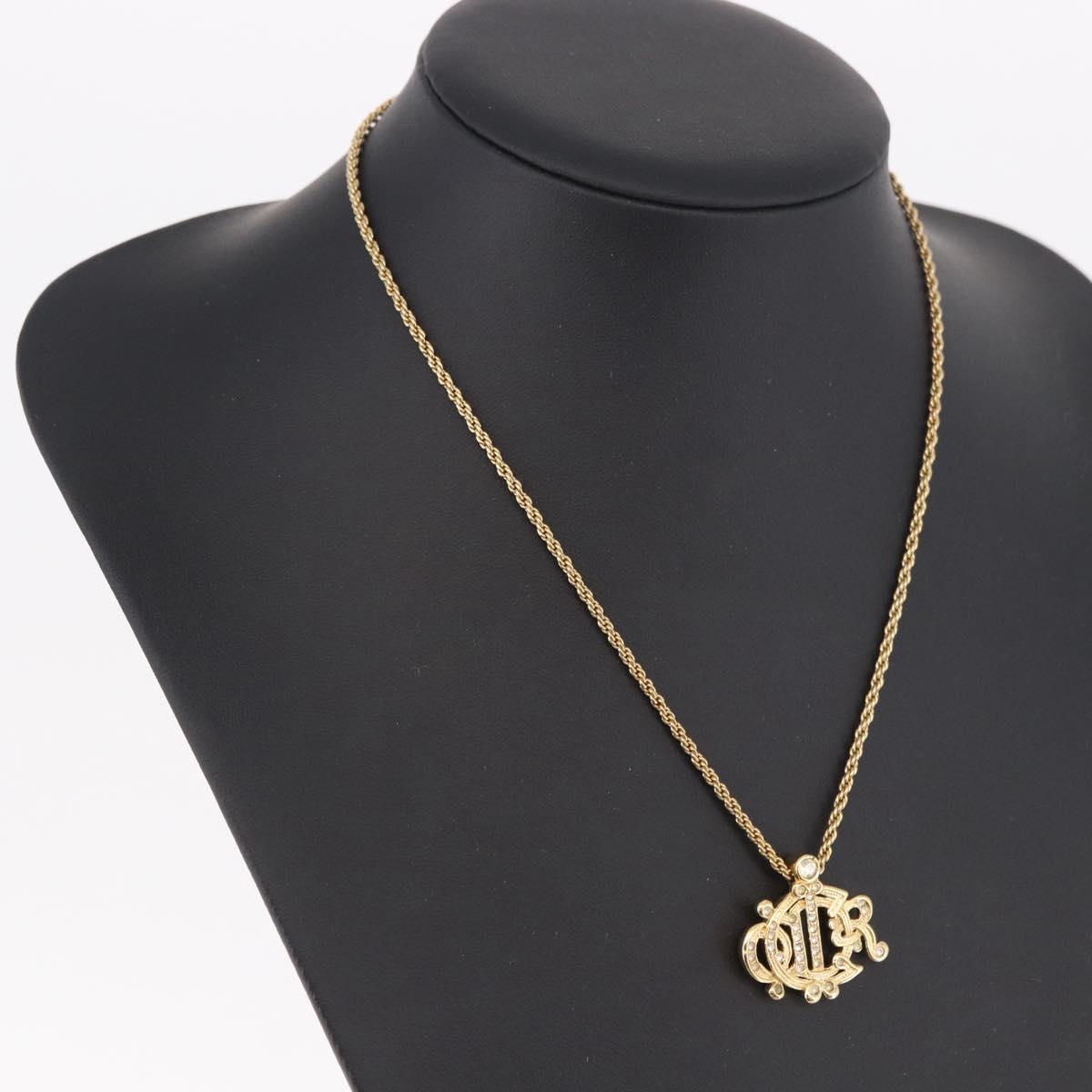 Christian Dior Rhinestone Necklace metal Gold Auth SW2410