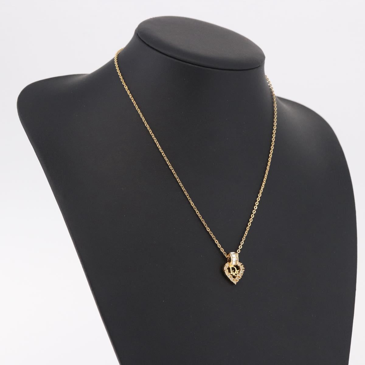 Christian Dior Rhinestone Heart Necklace metal Gold Auth SW2427