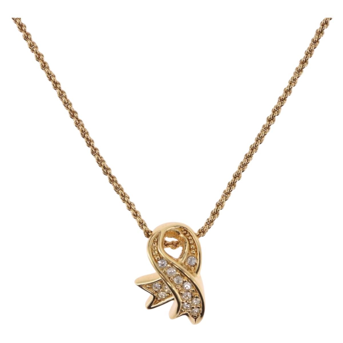 Christian Dior Ribbon Necklace Metal Gold Tone Auth SW2467