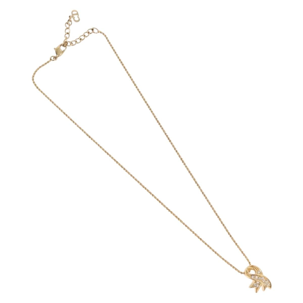 Christian Dior Ribbon Necklace Metal Gold Tone Auth SW2467