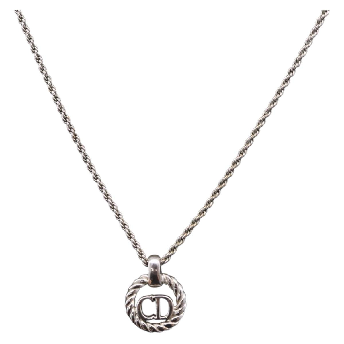 Christian Dior Rope Circle Logo Necklace Metal Silver Auth SW2521