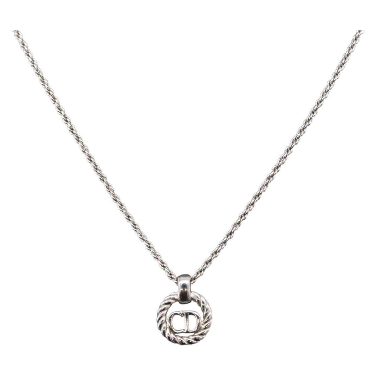 Christian Dior Rope Circle Logo Necklace Metal Silver Auth SW2522