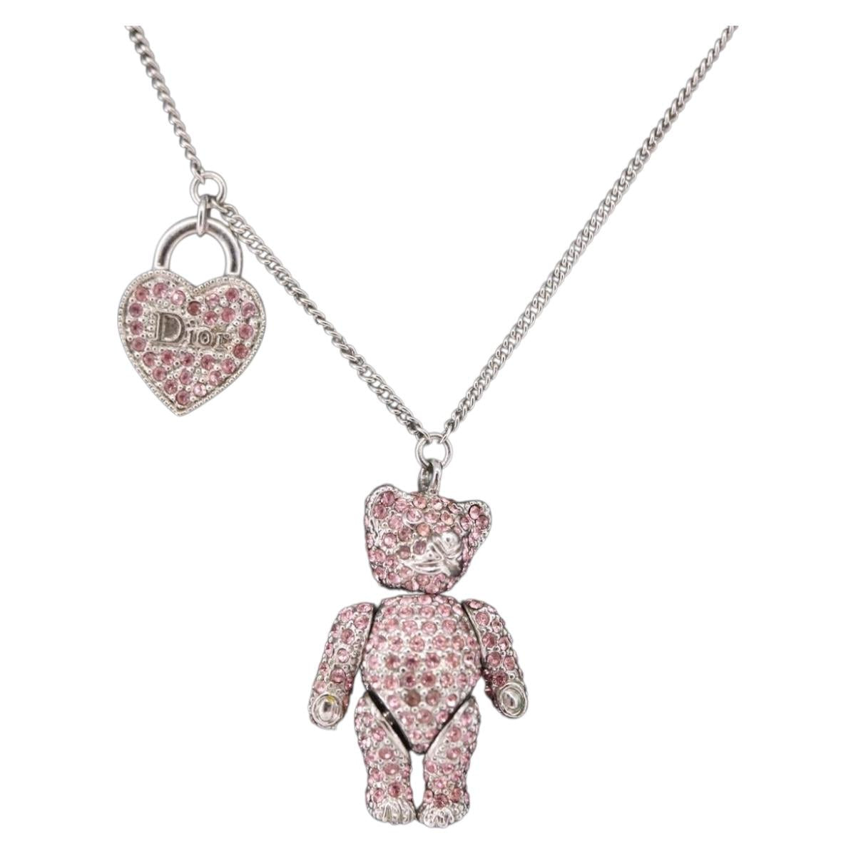 Christian Dior Bear Motif Necklace Metal Silver Auth SW2524