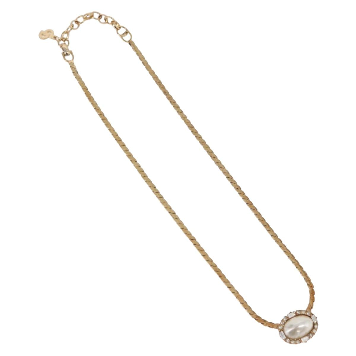 Christian Dior Oval Pearl Choker Necklace Metal Gold Tone Auth SW2530