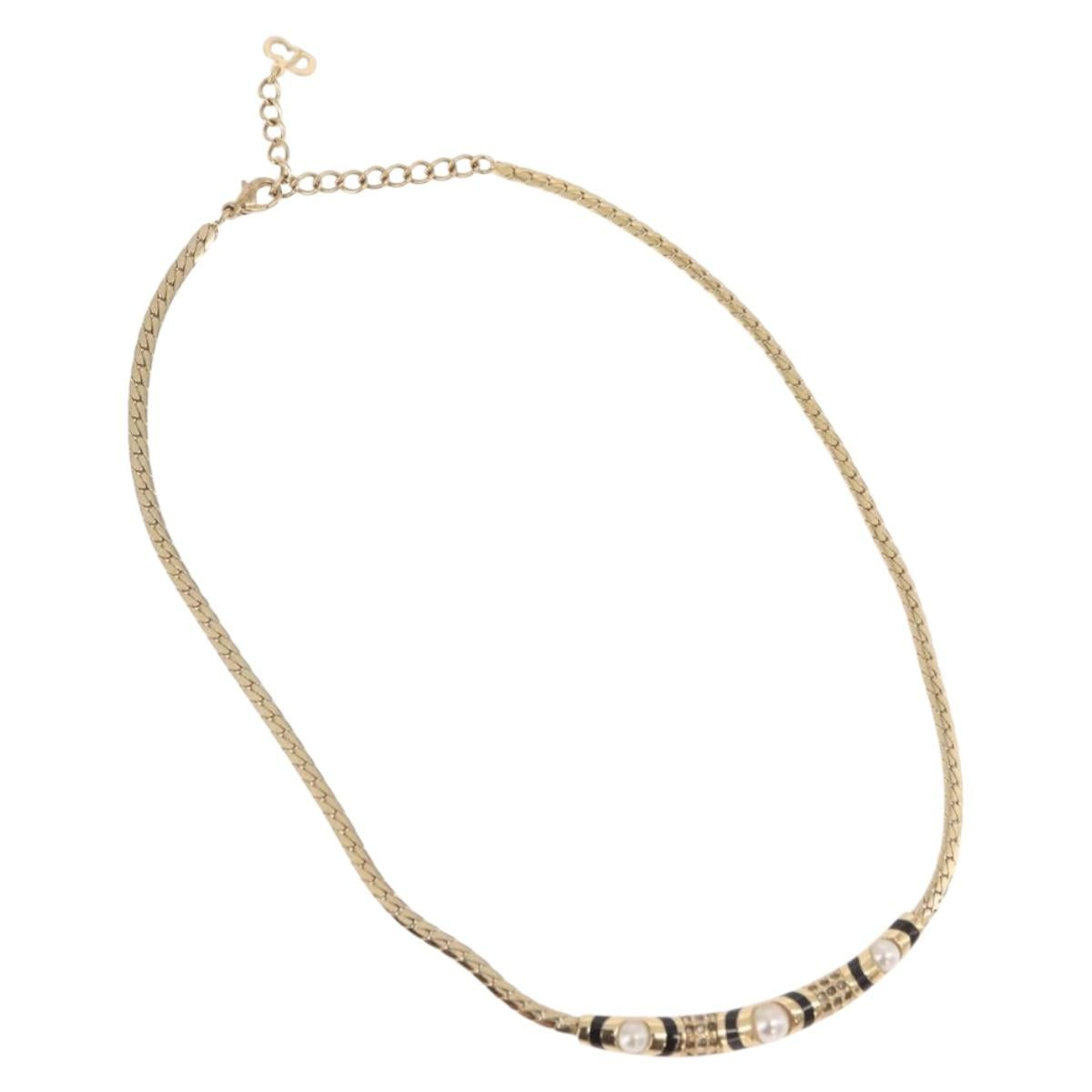 Christian Dior Choker Necklace Metal Gold Tone Auth SW2531
