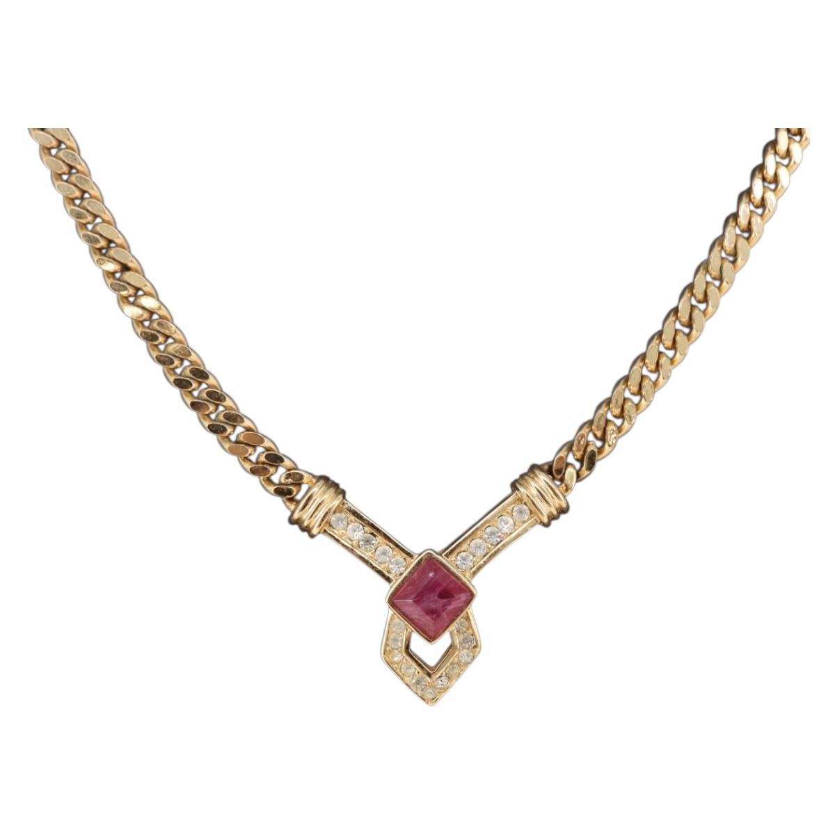 Christian Dior Colored Stone Necklace Metal Gold Tone Auth SW2532
