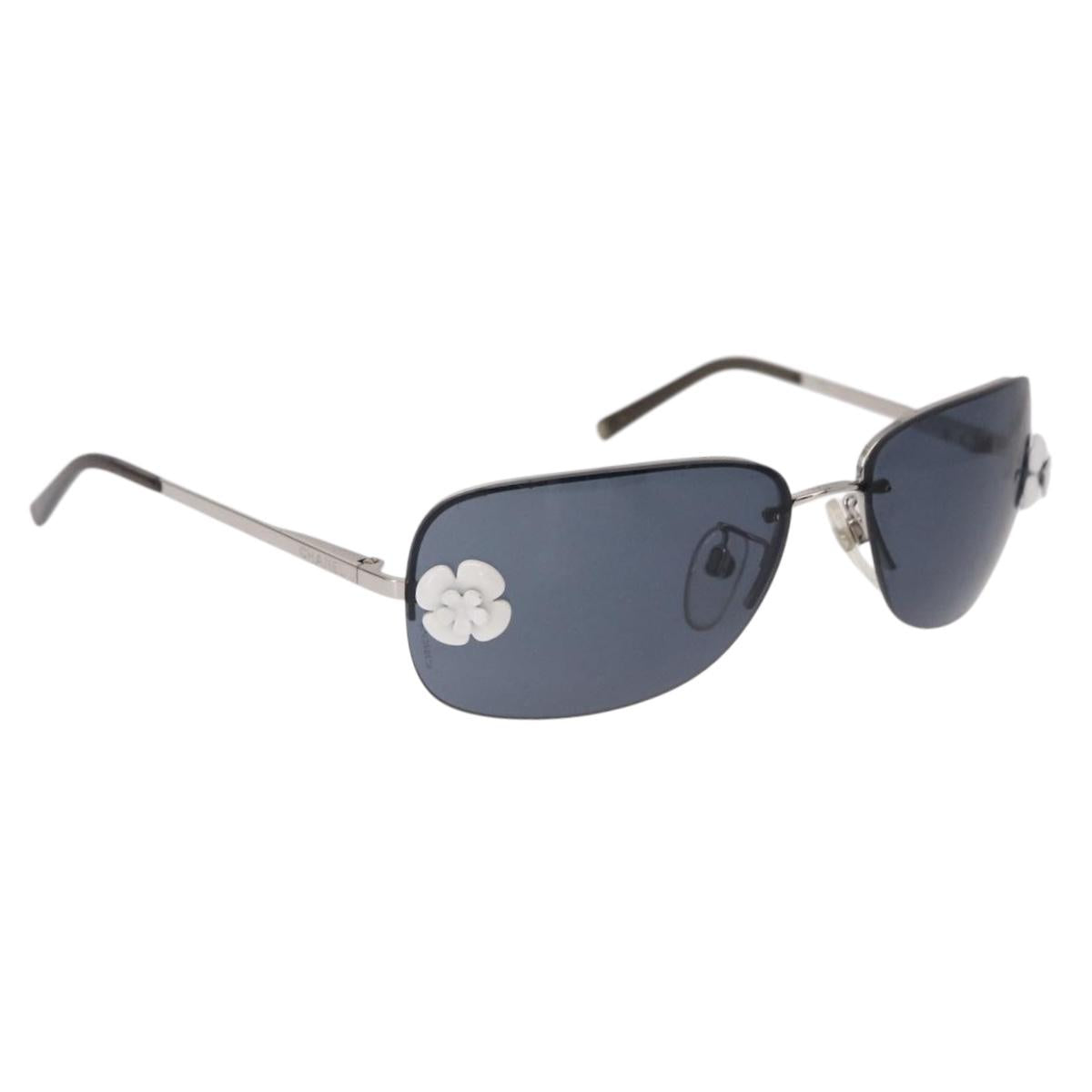 CHANEL Camelia Sunglasses Metal Light Blue Silver CC Auth SW2597V