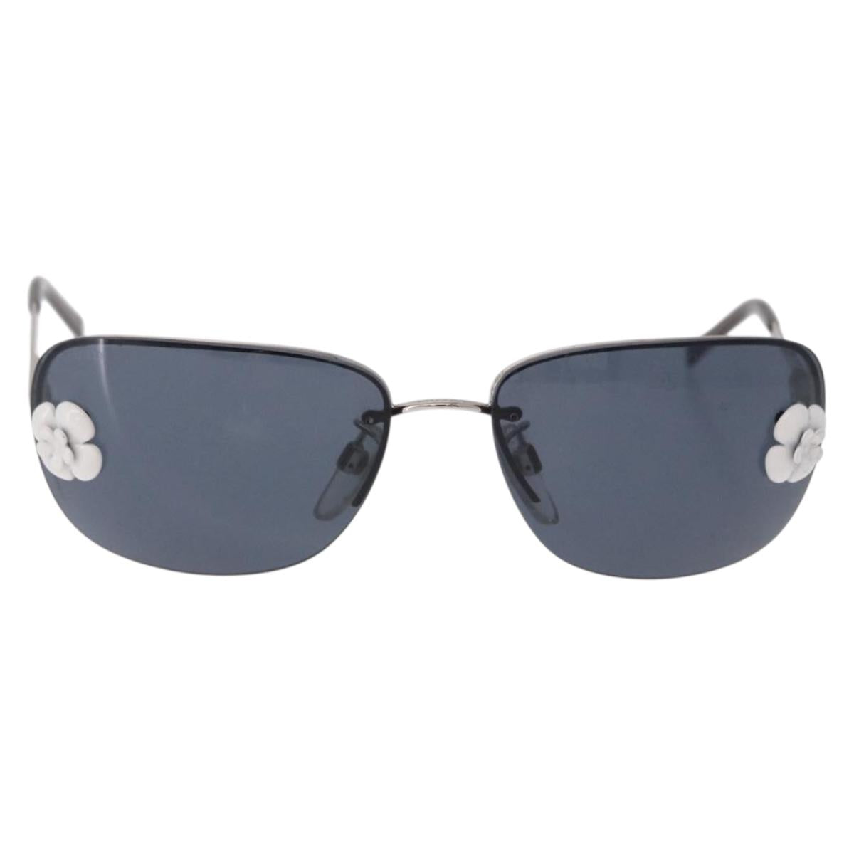 CHANEL Camelia Sunglasses Metal Light Blue Silver CC Auth SW2597V