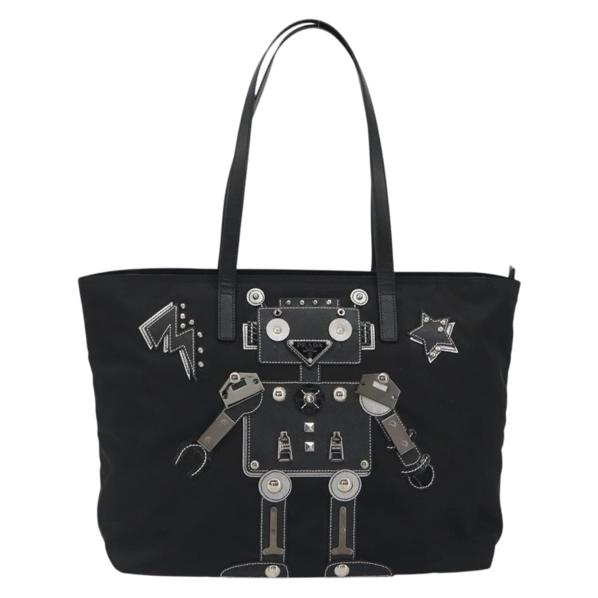 PRADA Robot Tote Bag Nylon Black Silver Auth SW2635M
