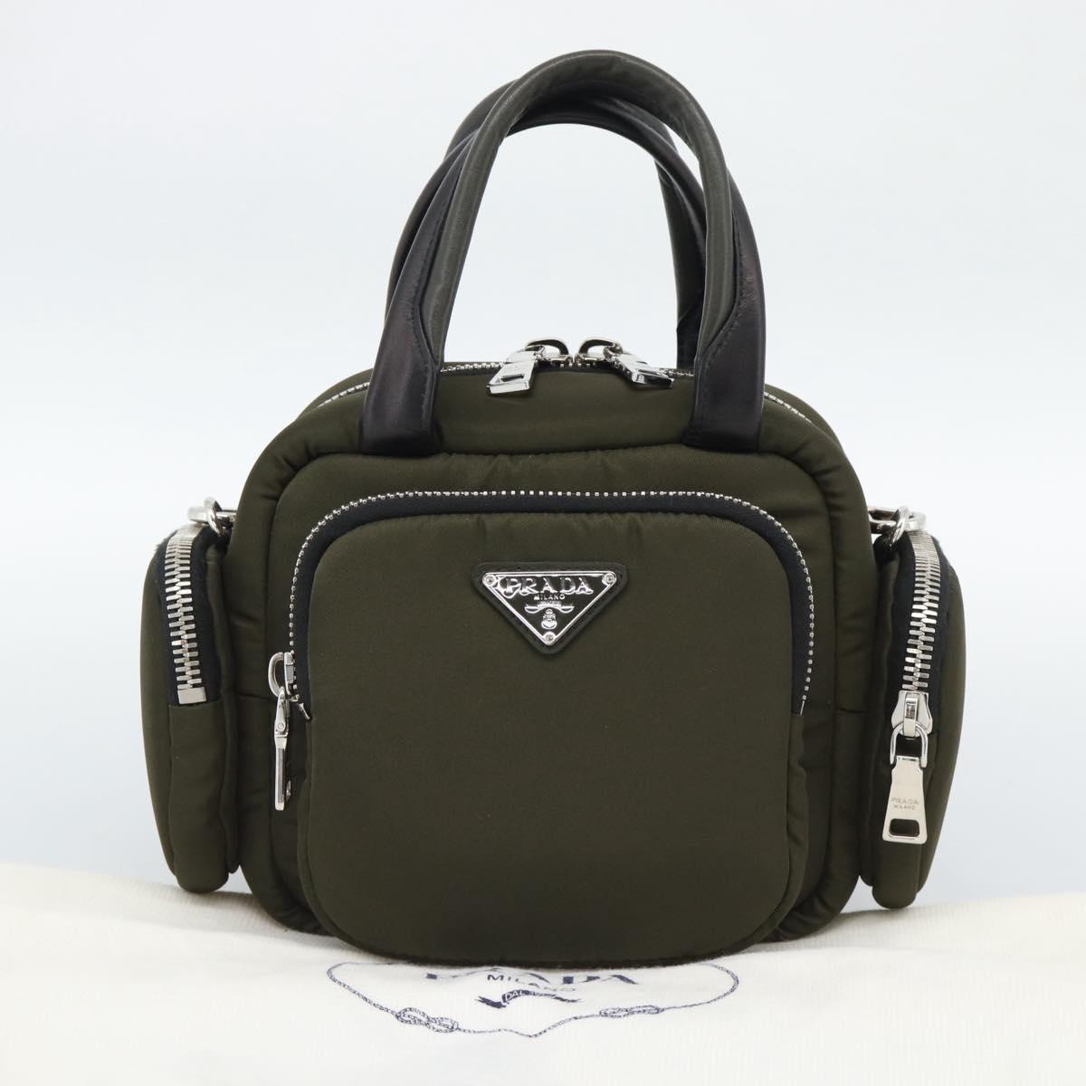 PRADA Hand Bag Nylon 2way Khaki Silver Auth SW2636SAM