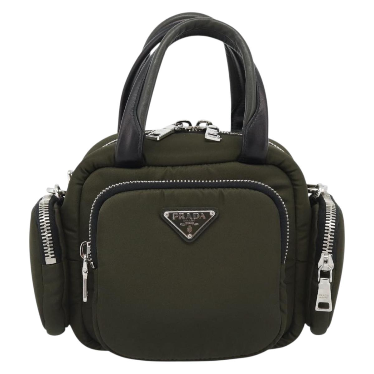 PRADA Hand Bag Nylon 2way Khaki Silver Auth SW2636SAM