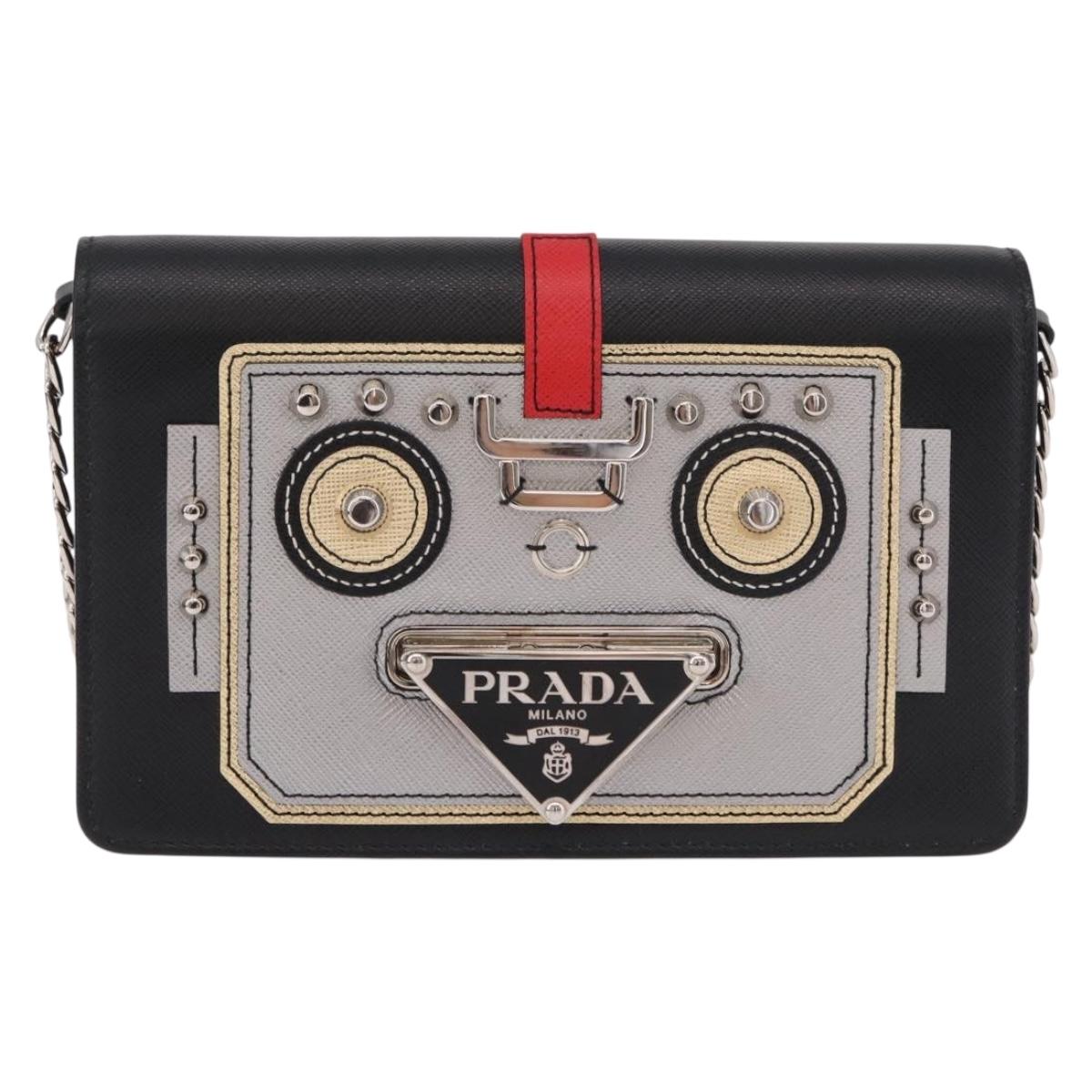 PRADA Robot Chain Shoulder Bag Saffiano Black Silver Auth SW2638SM