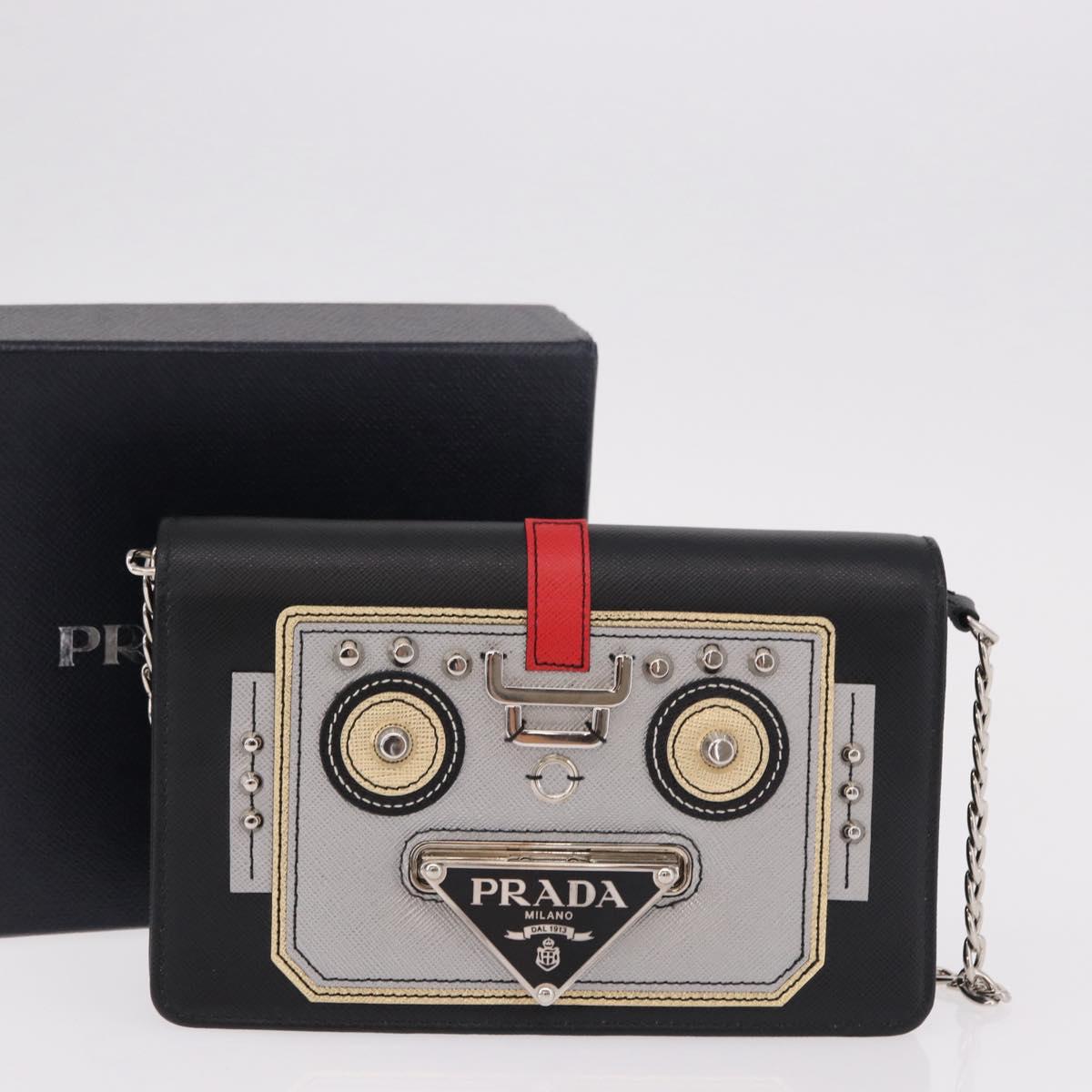PRADA Robot Chain Shoulder Bag Saffiano Black Silver Auth SW2638SM