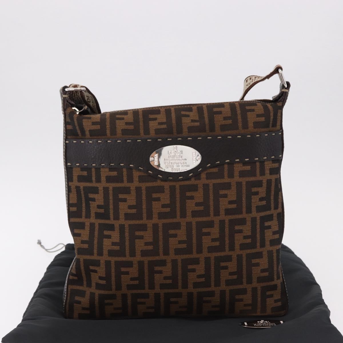 FENDI Zucca Canvas Celesia Shoulder Bag Brown Silver 8BT109 Auth SW2643V