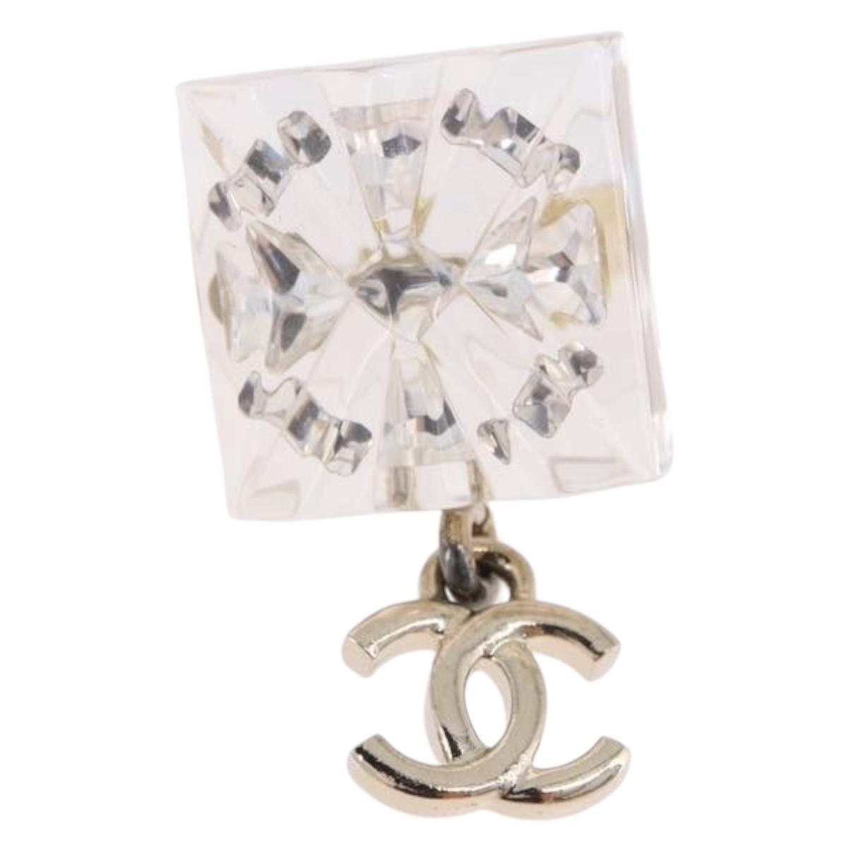 CHANEL Crystal COCO Mark Earring Metal Clear Silver CC Auth SW2655SAM
