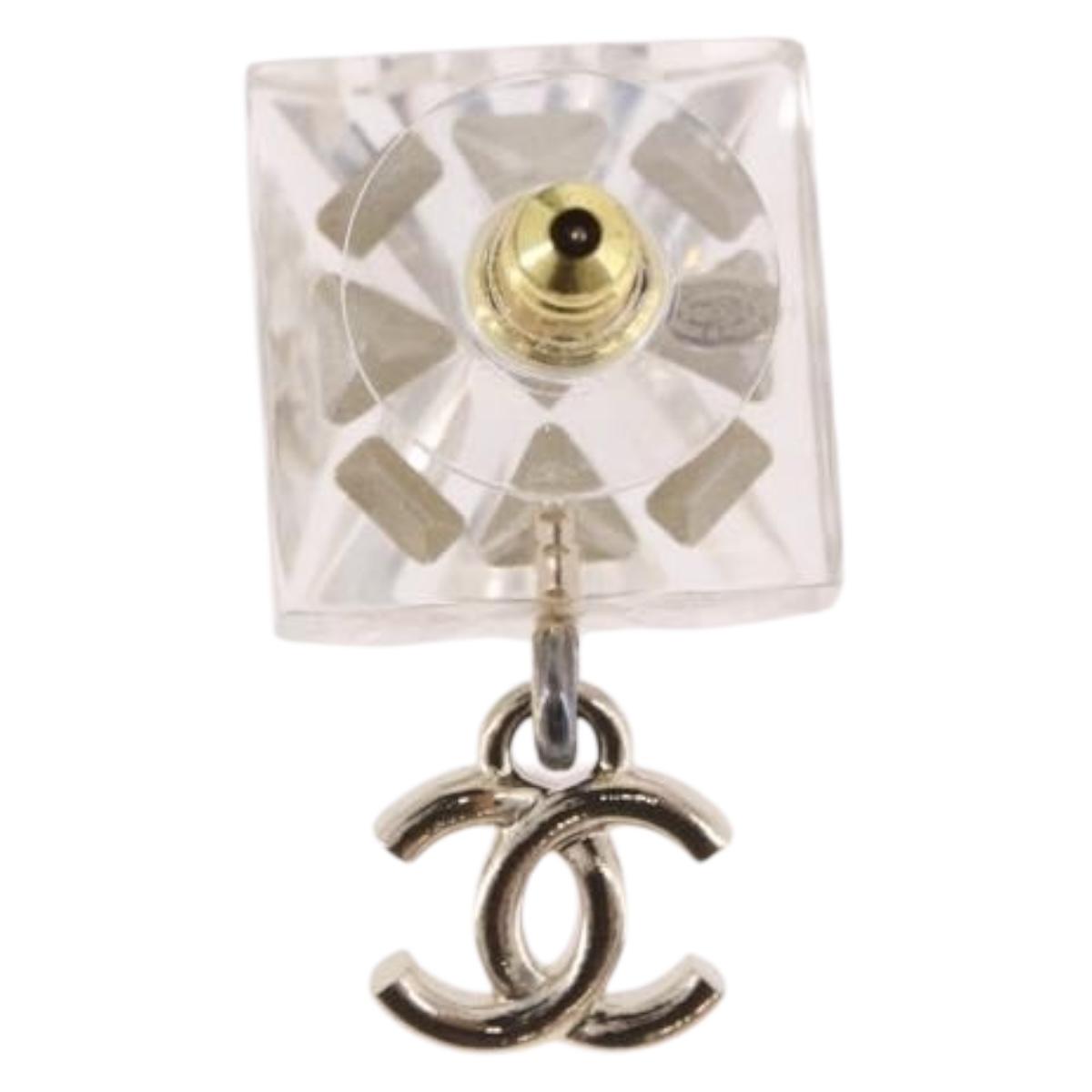 CHANEL Crystal COCO Mark Earring Metal Clear Silver CC Auth SW2655SAM