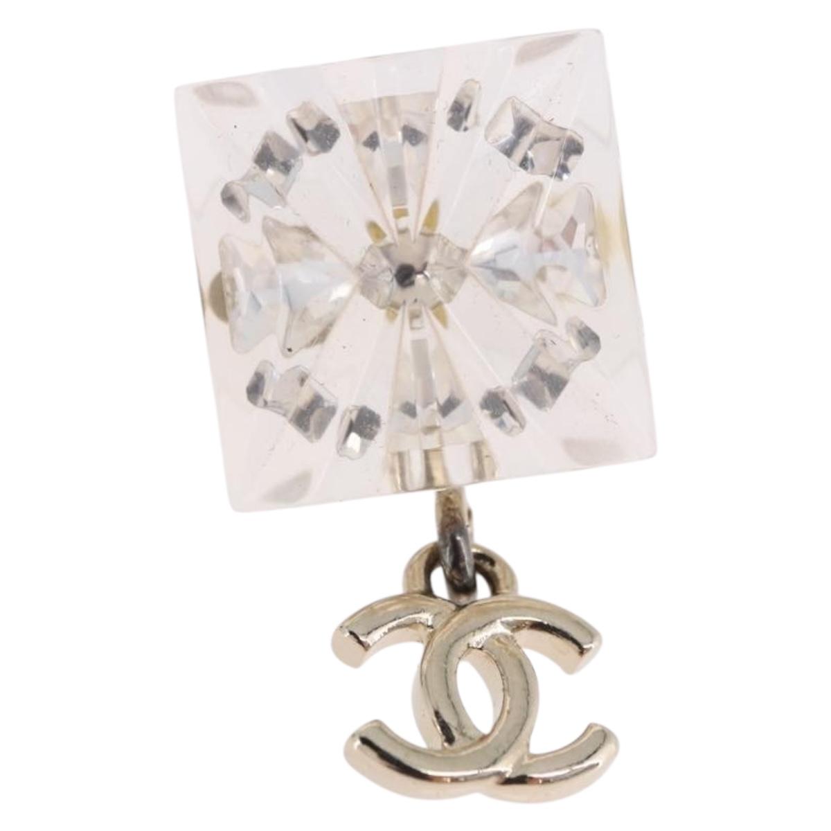 CHANEL Crystal COCO Mark Earring Metal Clear Silver CC Auth SW2655SAM