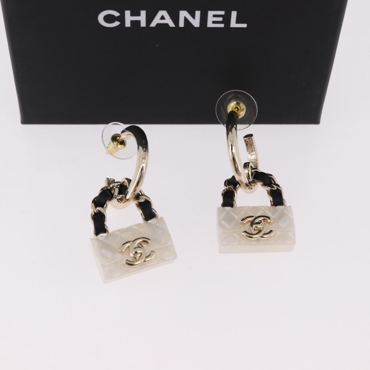 CHANEL Bag Motif COCO Mark Hoop Earring Metal White Gold CC Auth SW2656SM