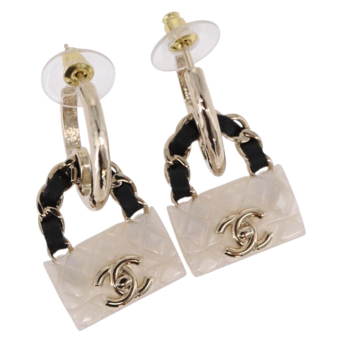 CHANEL Bag Motif COCO Mark Hoop Earring Metal White Gold CC Auth SW2656SM