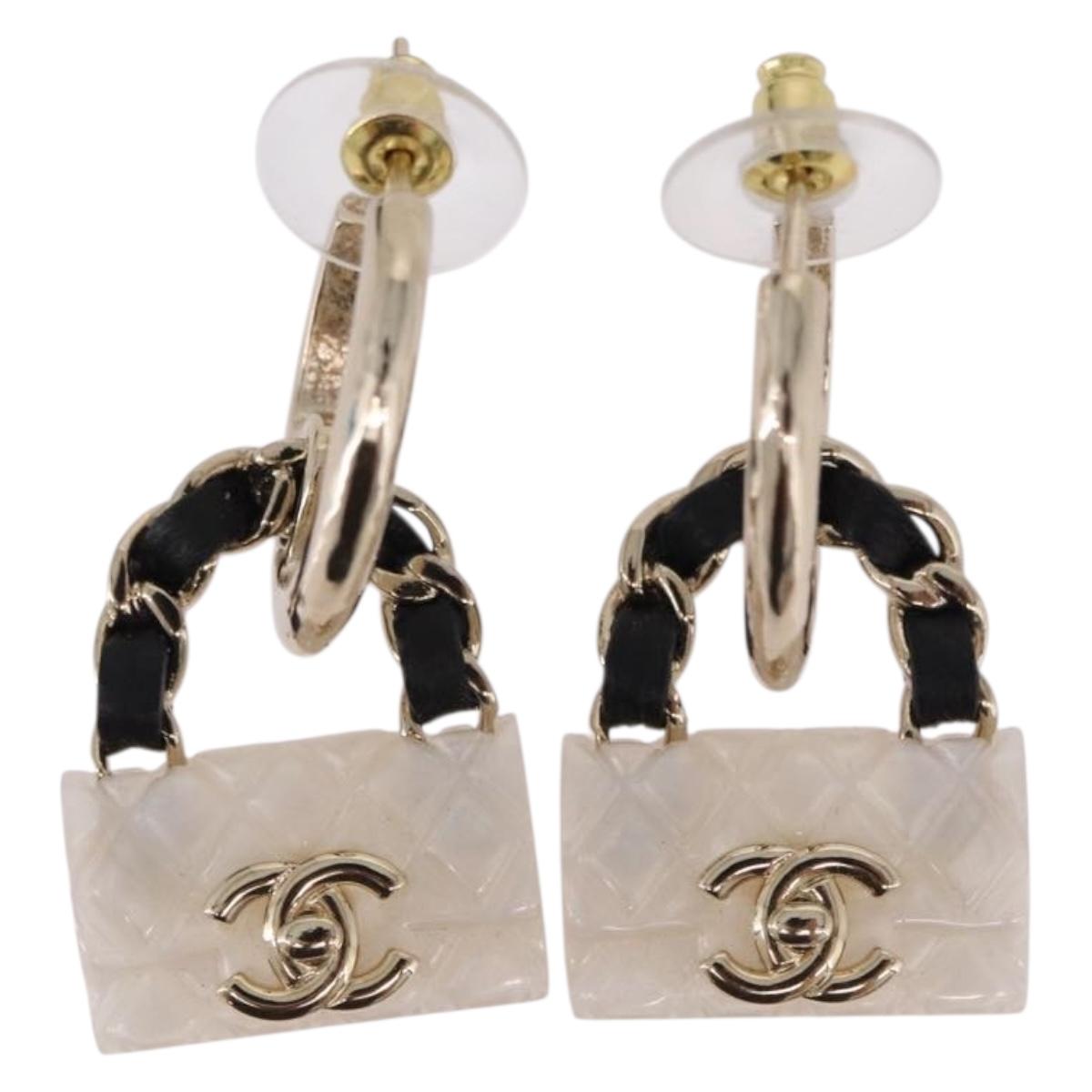 CHANEL Bag Motif COCO Mark Hoop Earring Metal White Gold CC Auth SW2656SM