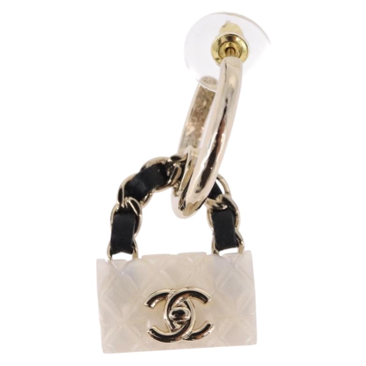 CHANEL Bag Motif COCO Mark Hoop Earring Metal White Gold CC Auth SW2656SM