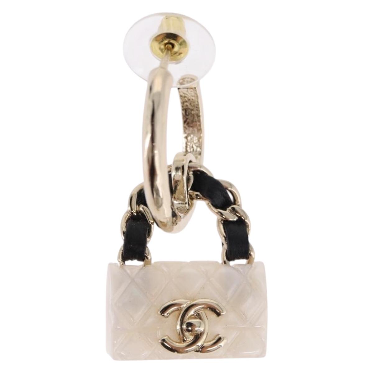 CHANEL Bag Motif COCO Mark Hoop Earring Metal White Gold CC Auth SW2656SM