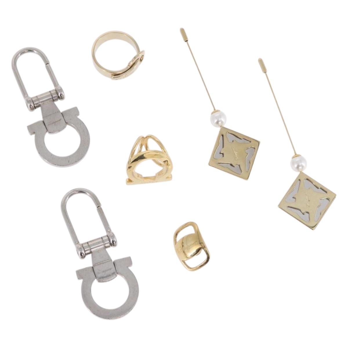 Salvatore Ferragamo Pierce Brooch Ring Metal 5 Set Gold Silver Auth SW2660