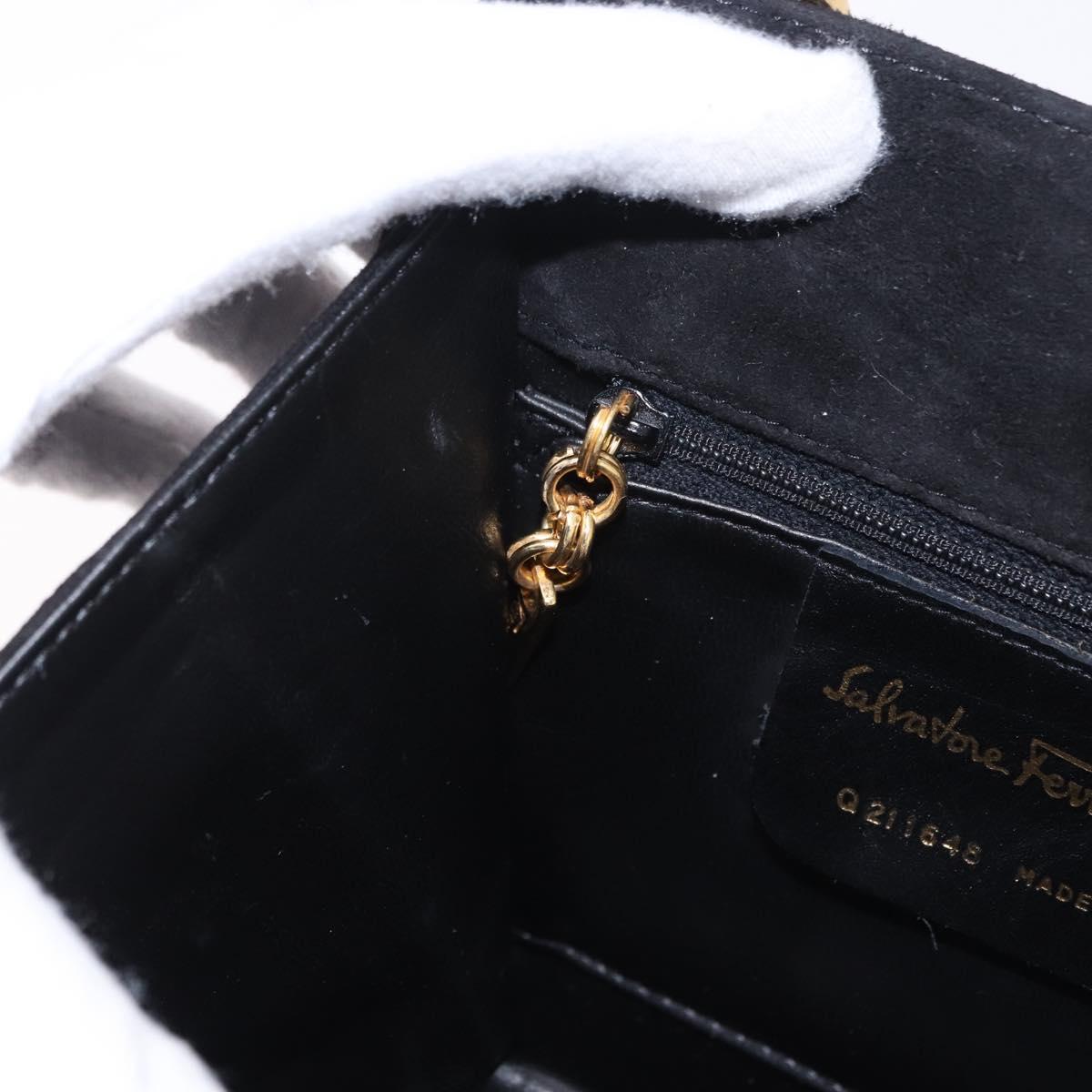 Salvatore Ferragamo Hand Bag Suede Black Gold Tone Auth SW2667V