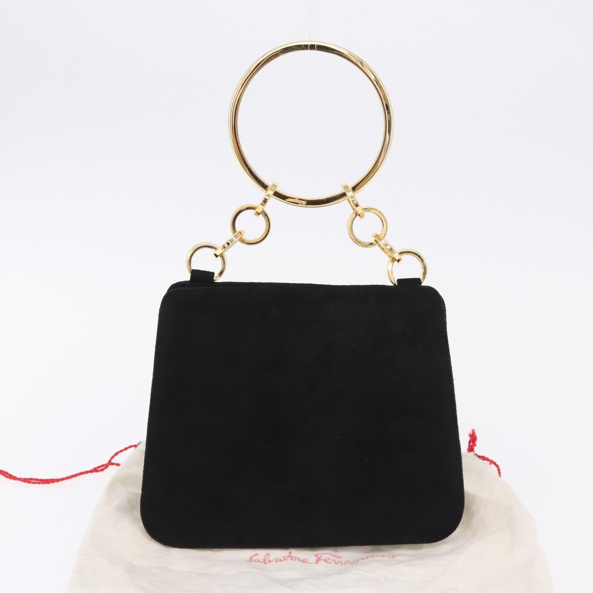Salvatore Ferragamo Hand Bag Suede Black Gold Tone Auth SW2667V