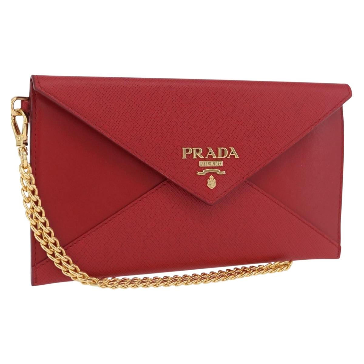 PRADA Chain Wallet Pouch Safifano Red Gold Tone Auth SW2674V
