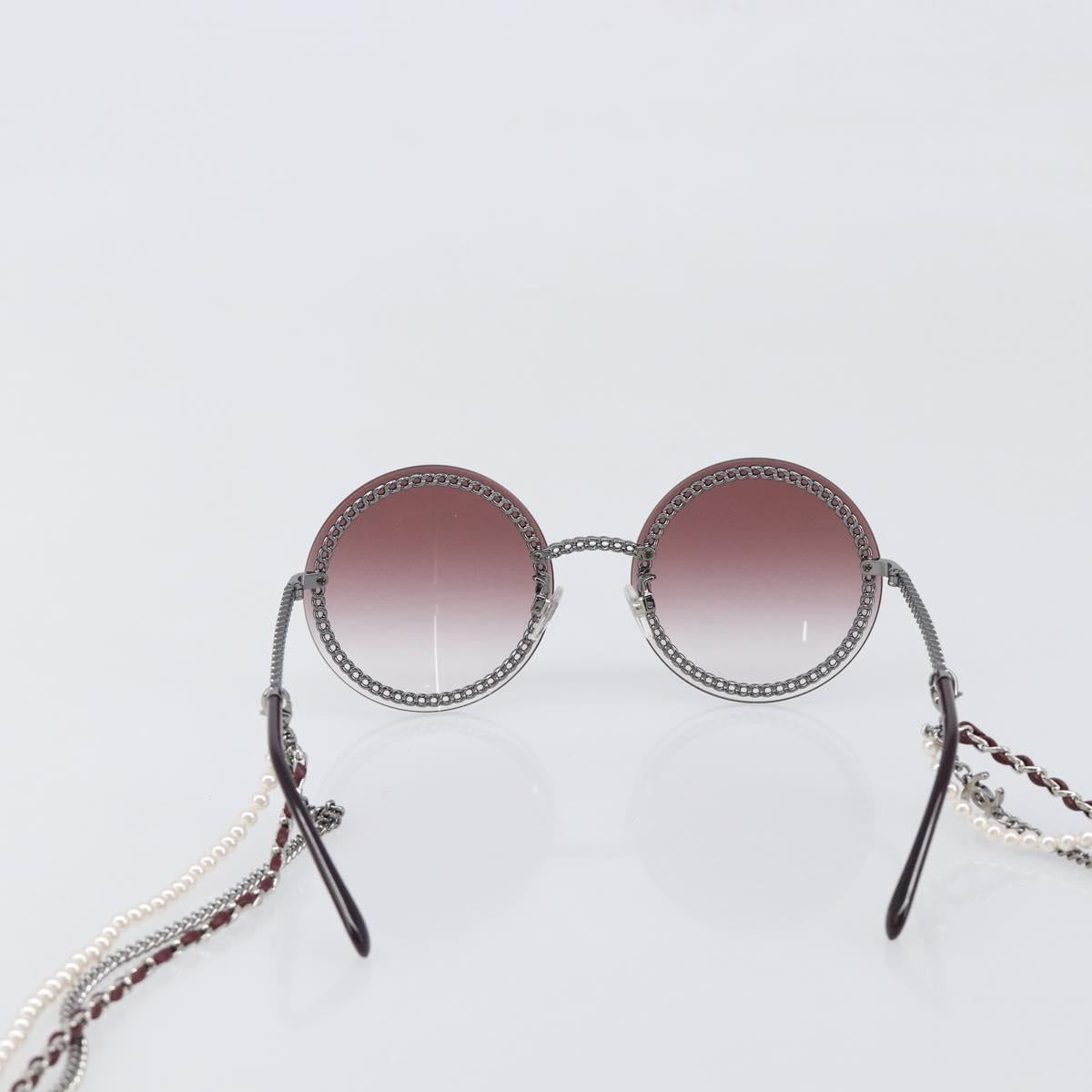 CHANEL COCO Mark Pearl Triple Chain Gradient Sunglasses plastic Wine Red Silver CC Auth SW2690M