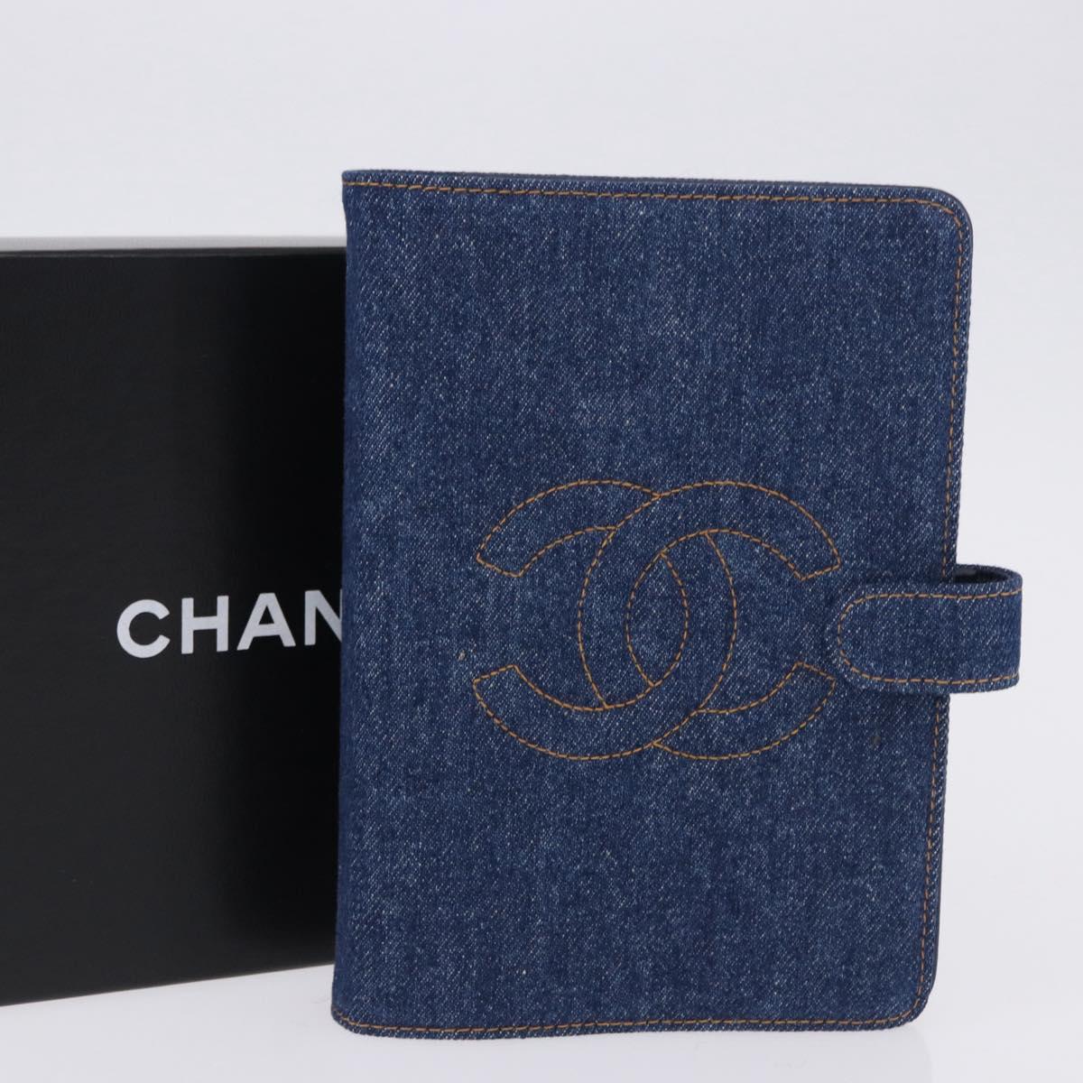 CHANEL COCO Mark Day Planner Cover Denim Blue Gold CC Auth SW2693SAM