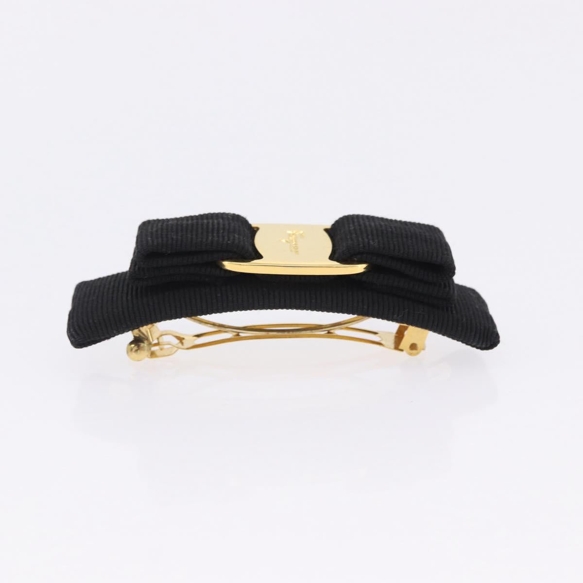 Salvatore Ferragamo Vala Valletta Hair Clip Canvas Black Gold Auth SW2864