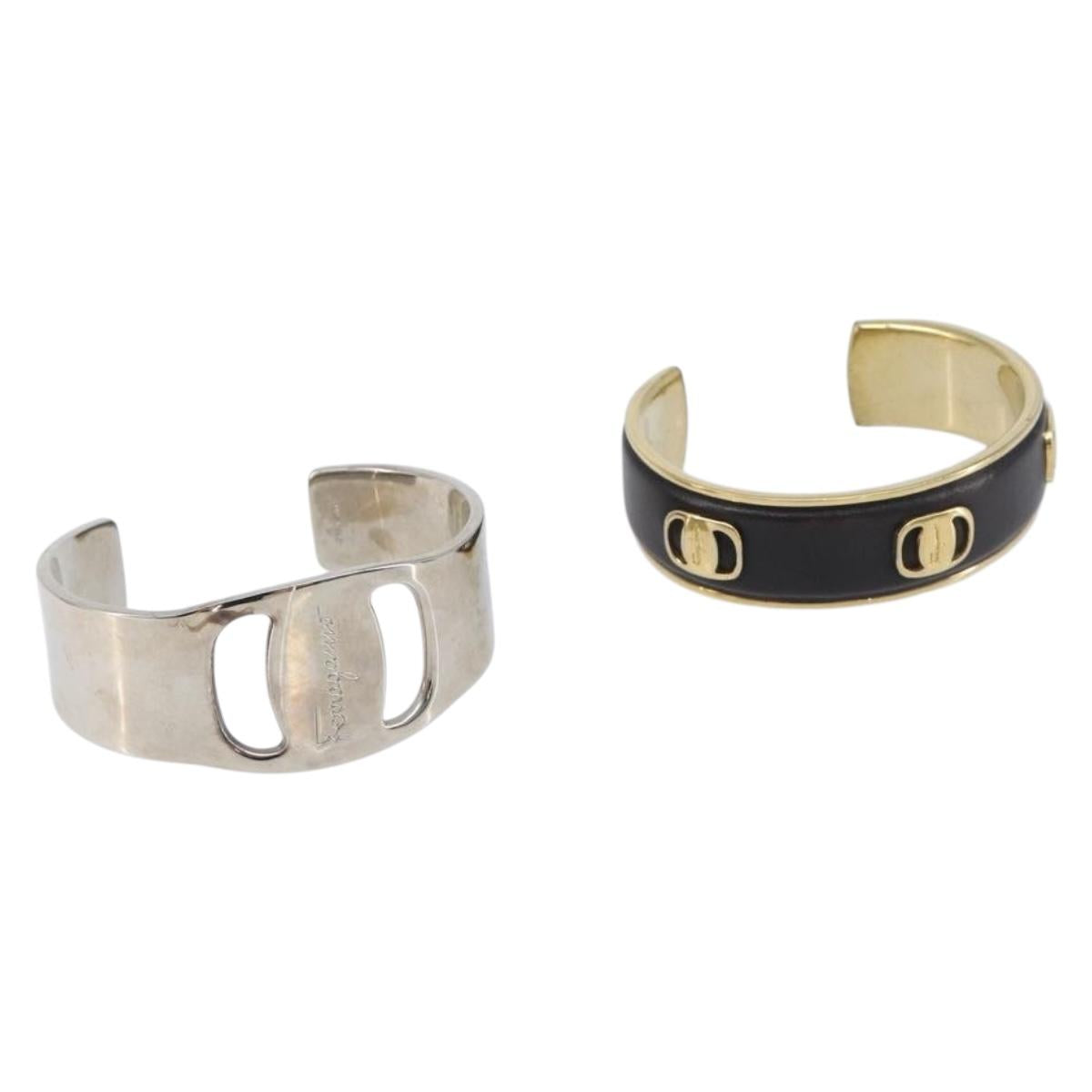 Salvatore Ferragamo Bangle Metal 2 Set Silver Black Auth SW2865
