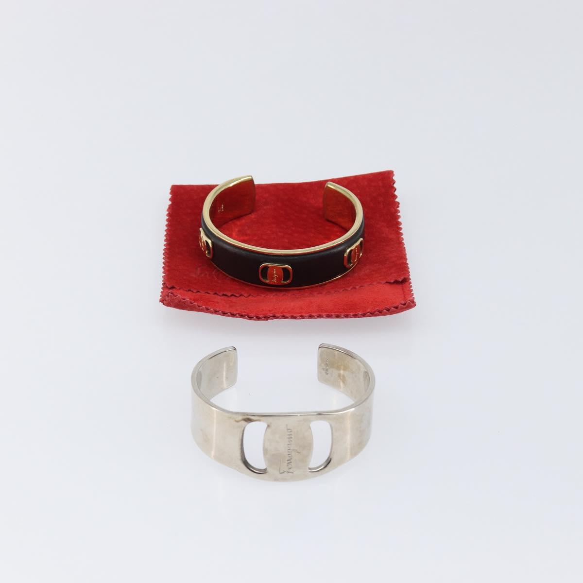 Salvatore Ferragamo Bangle Metal 2 Set Silver Black Auth SW2865