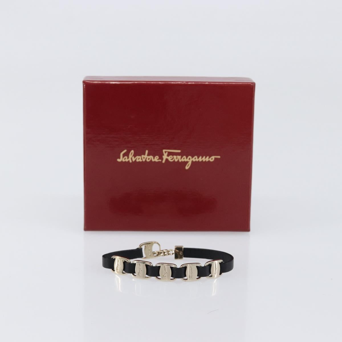 Salvatore Ferragamo Vala Bracelet Leather Black Gold Auth SW2868