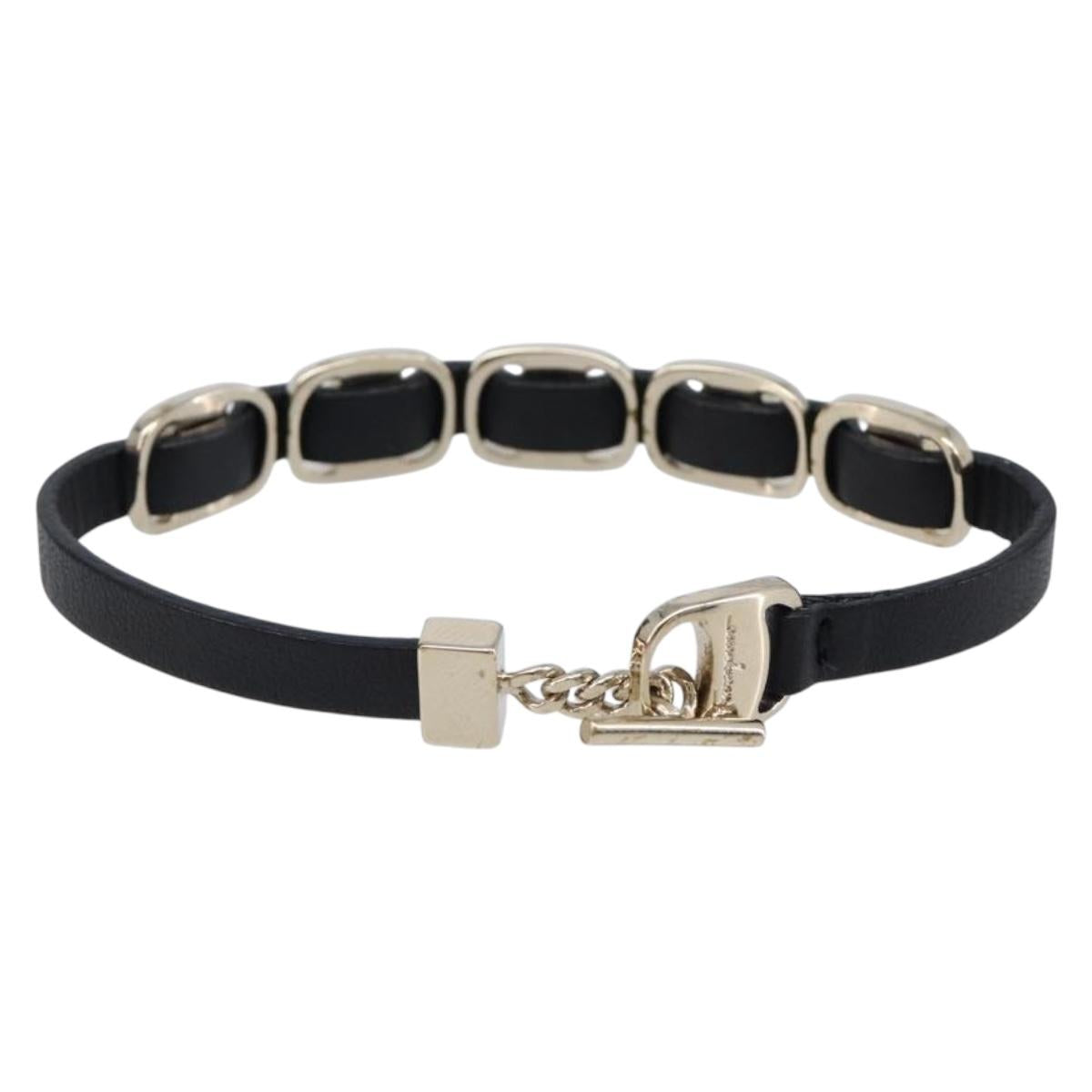 Salvatore Ferragamo Vala Bracelet Leather Black Gold Auth SW2868