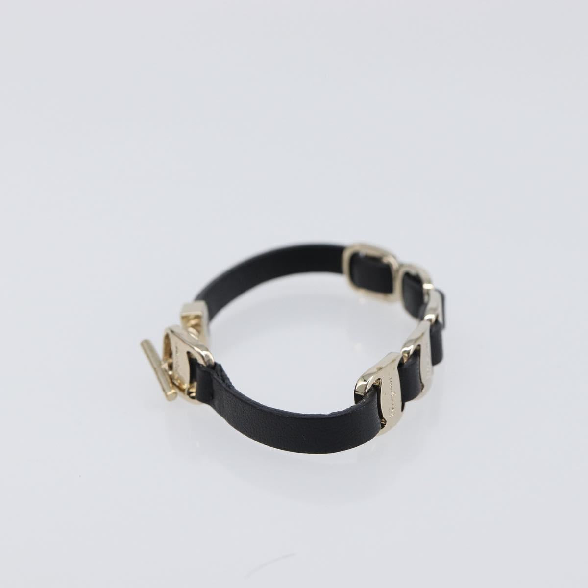 Salvatore Ferragamo Vala Bracelet Leather Black Gold Auth SW2868