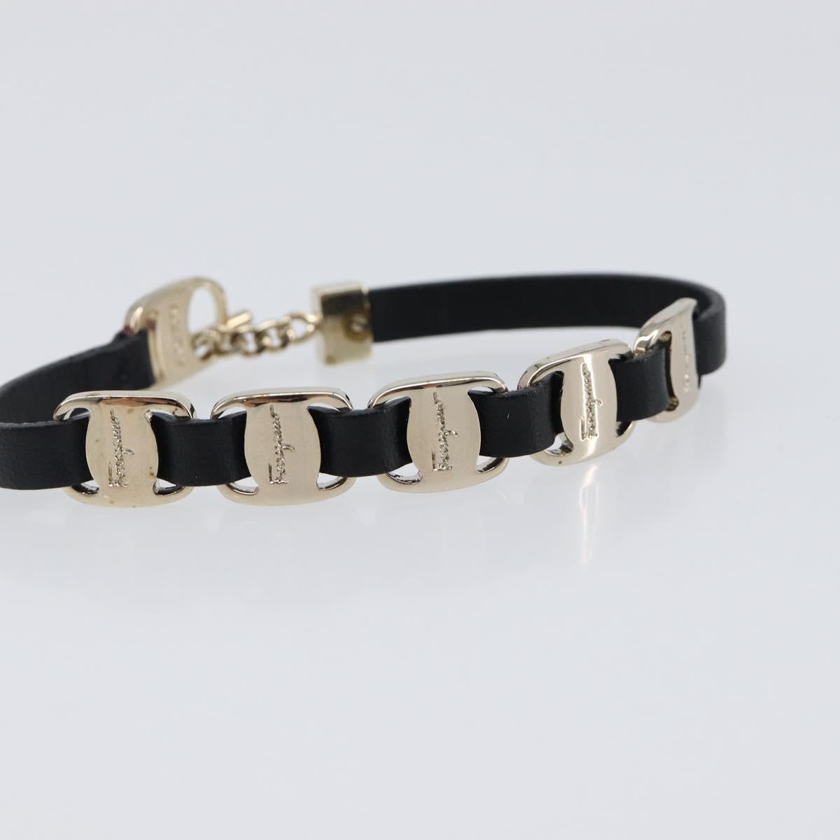 Salvatore Ferragamo Vala Bracelet Leather Black Gold Auth SW2868