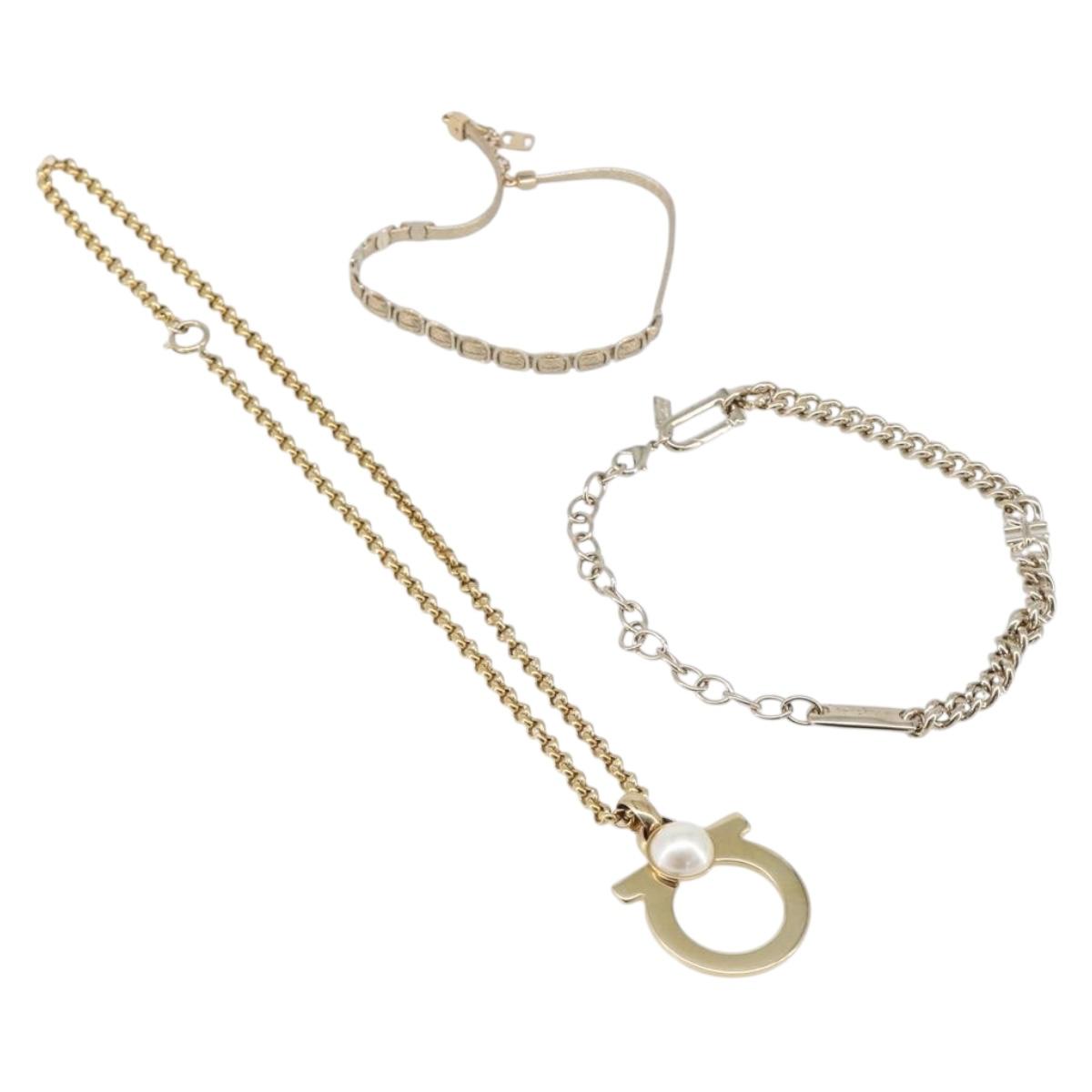 Salvatore Ferragamo Choker Necklace Metal 3 Set Gold Tone Auth SW2871