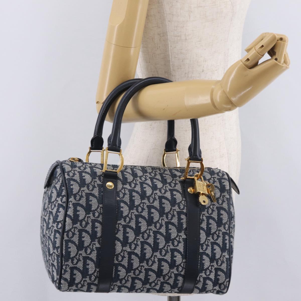 Christian Dior Trotter Canvas Hand Bag Navy Gold Tone Auth SW2879V