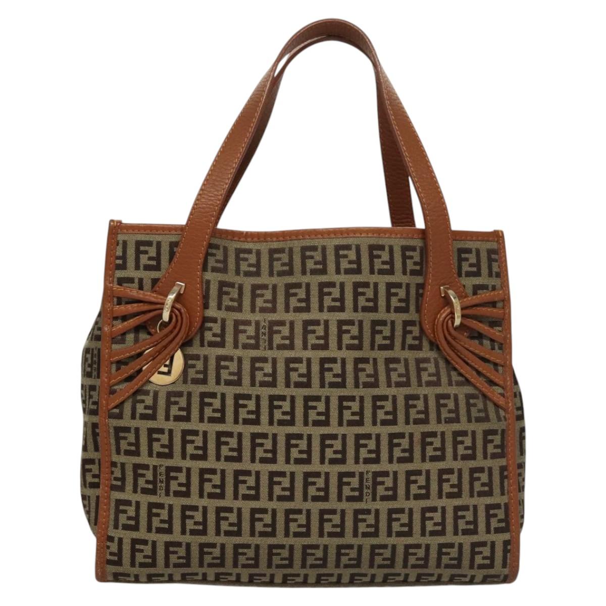 FENDI Zucchino Canvas Hand Bag Brown Gold Auth sw308